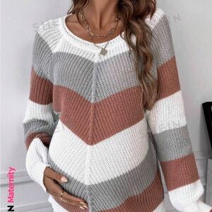 SHEIN Maternity Striped Sweater - White, Gray, and Brown